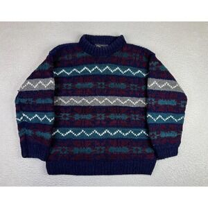 Native American Blue Wool Sweater Winter Warm Knit Fair Isle Ecuador